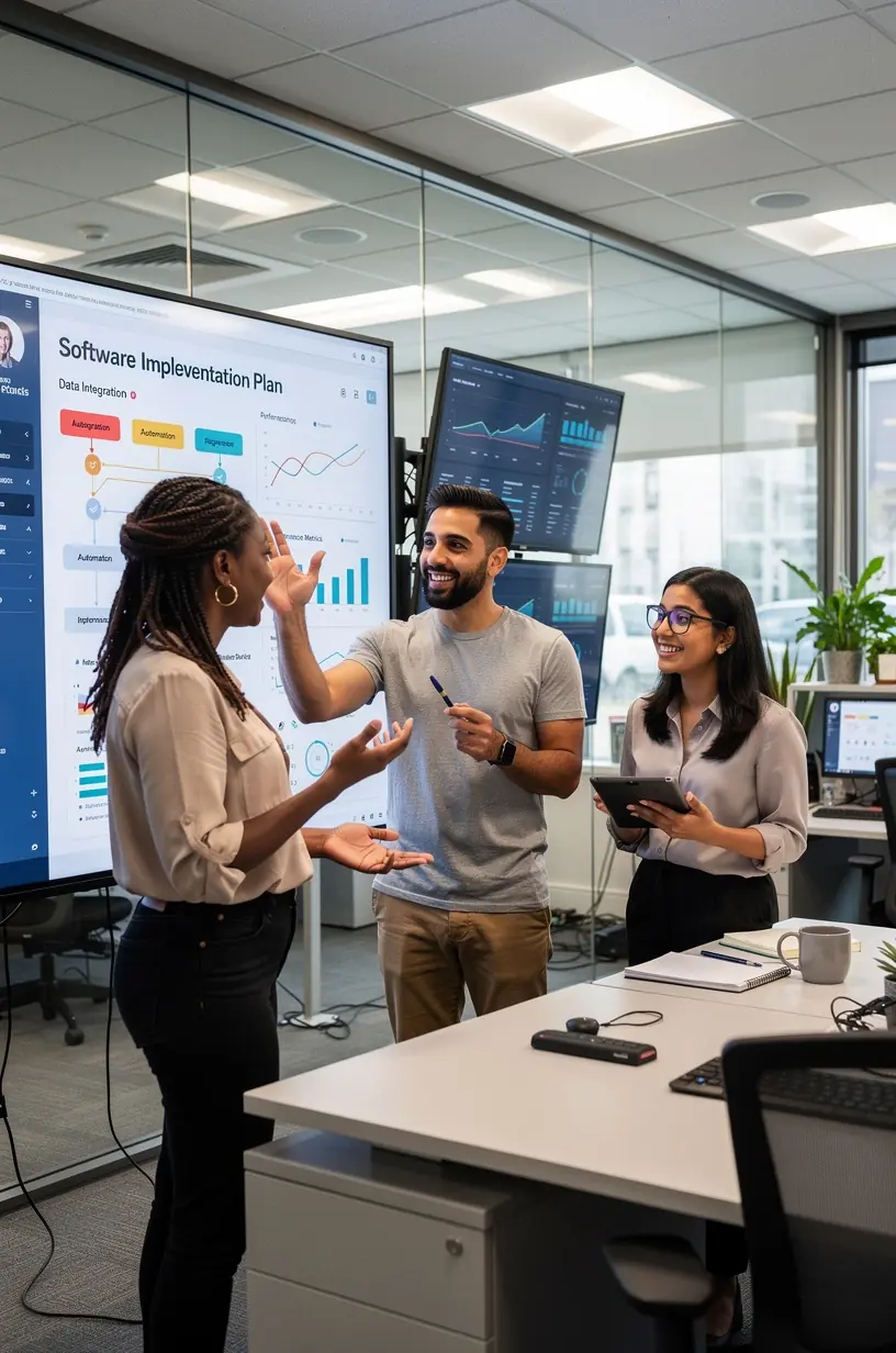 Overhead view of a desk with a tablet showing time management software and a cup of coffee.